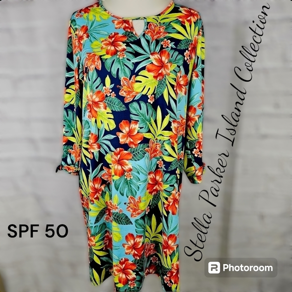 Stella Parker Island Collection SPF 50 NWT L Tropical Floral Print 3/4 Sleeve
